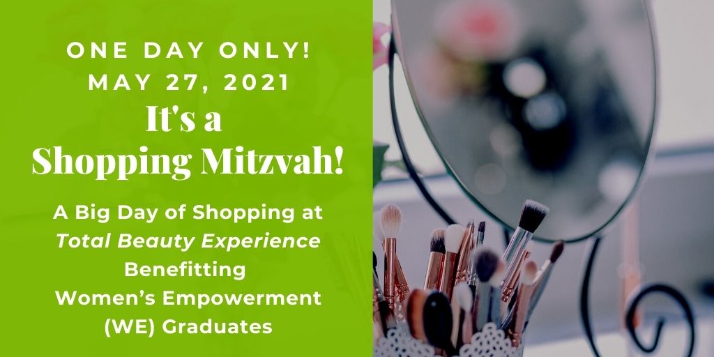 Shopping Mitzvah flyer with makeup brushes and mirror
