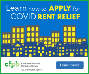 Graphic showing learn now to apply for COVID rent relief