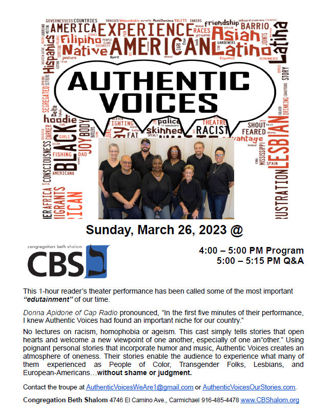 flyer with the event title Authentic Voices and group photo of men and women