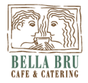Business logo for Bella Bru Cafe & Catering showing sketch of two people smelling coffee