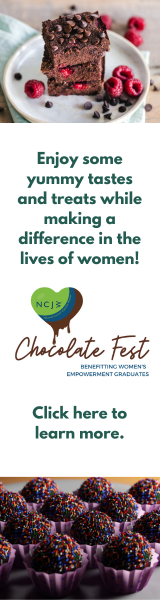 Vertical banner with a picture of chocolate cupcakes at the bottom and chocolate brownies on top, with the Chocolate Fest logo and the text, "Enjoy some yummy tastes and treats while making a difference in the lives of women. Click here to learn more."