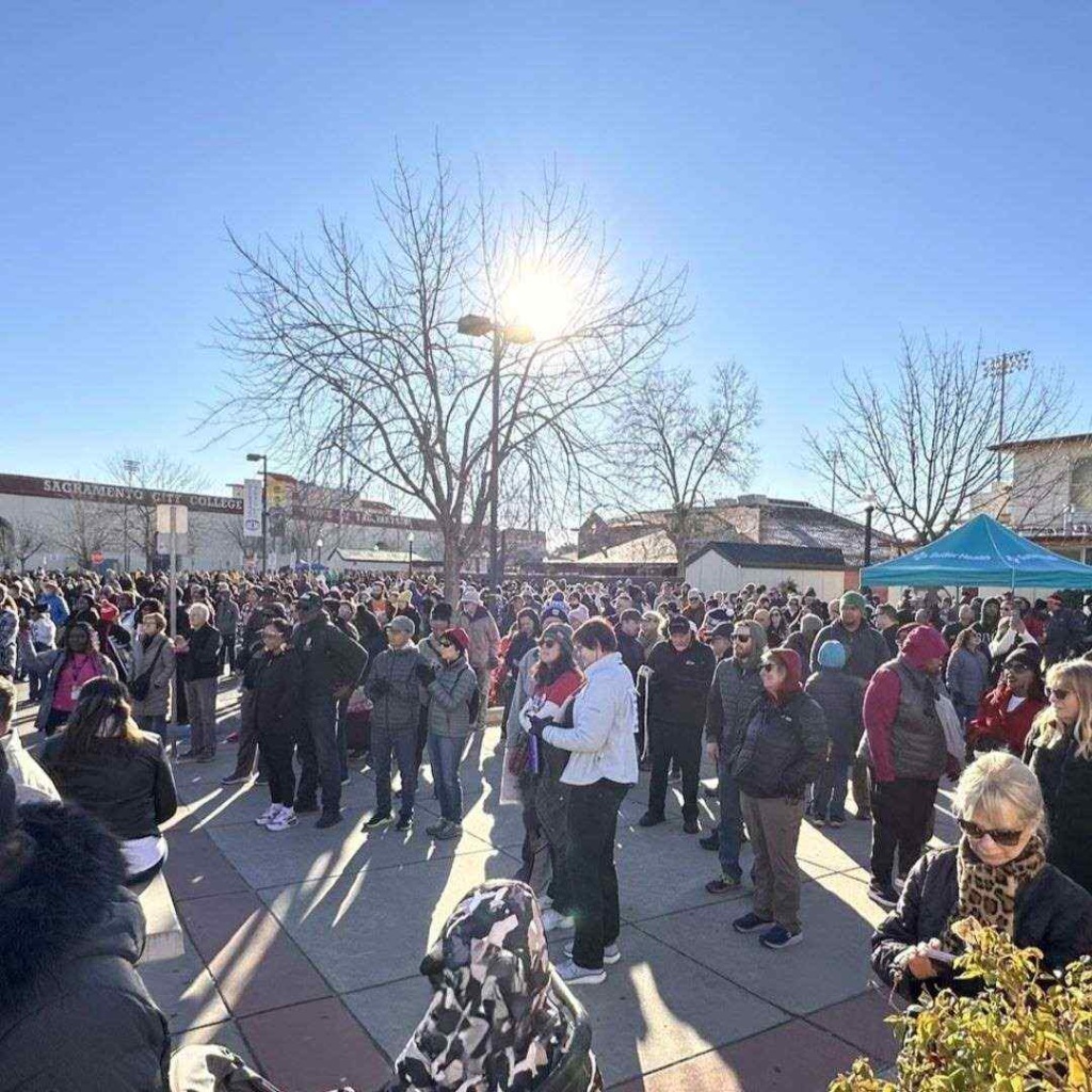 Large crowd of people gathered outdoors on a sunny day.