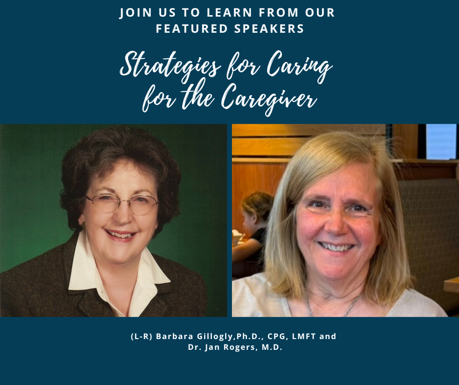 Photos of two event speakers side by side with the event title on top reading, "Strategies for Caring for the Caregiver"
