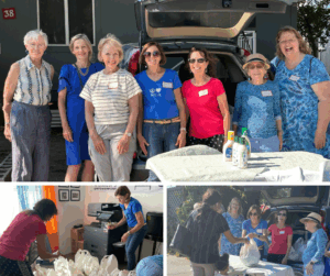 Photo collage including a group photo of the committee, distribution table and a photo of committee members sorting the bags for distribution.