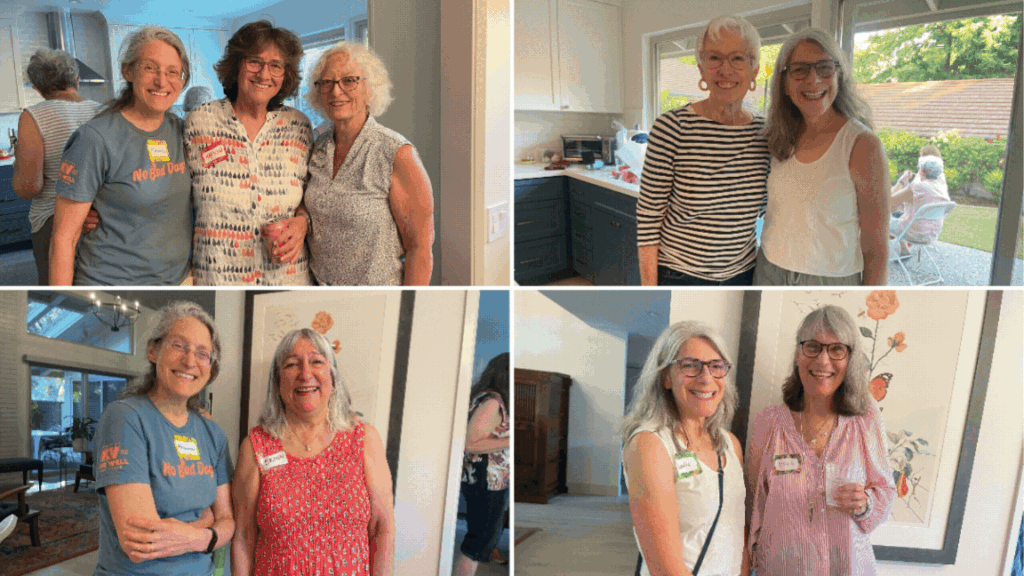 Slideshow showing women smiling, sitting on a patio and enjoying a get together.