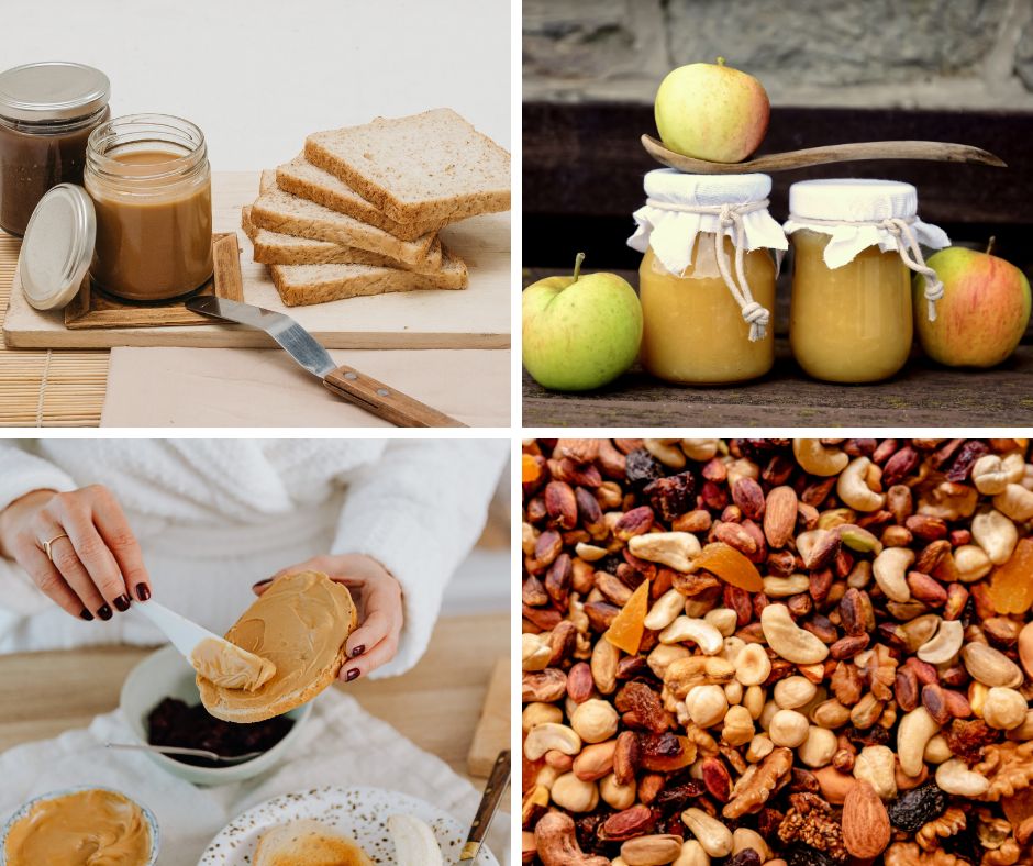 images of peanut butter and jelly on toast, variety of nuts